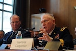 Air Force Gen. Craig R. McKinley, left, chief of the National Guard Bureau, listens as Army Maj. Gen. Raymond W. Carpenter, acting director of the Army National Guard, testifies before a March 24, 2010, hearing of the Senate Appropriations Committee's subcommittee on defense in Washington, D.C.