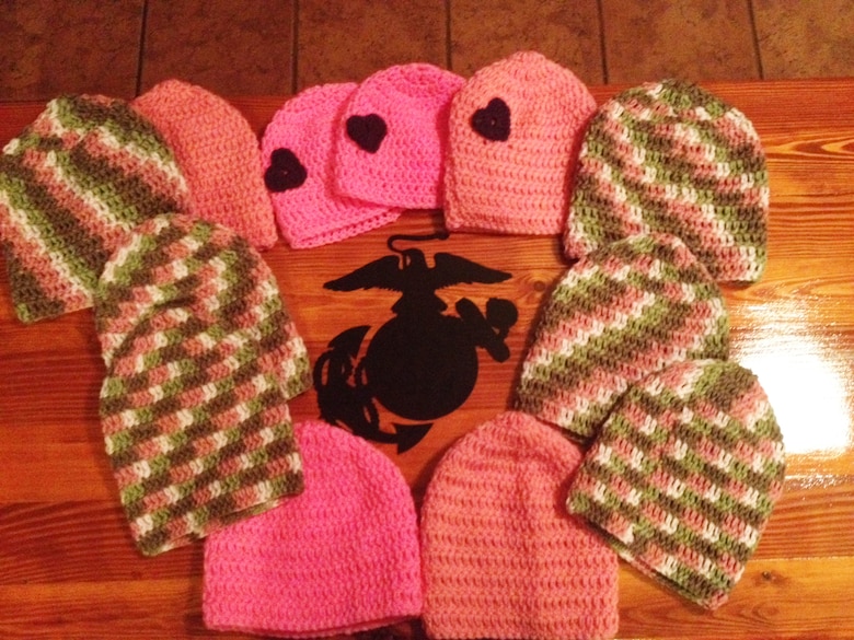 The Kirschners crocheted pink beanies for Breast Cancer Awareness Month, and small child-sized hats with purple hearts for their “Hearts of Valor” program, to benefit the children at the VFW National Home for Children in Eaton Rapids, Michigan.