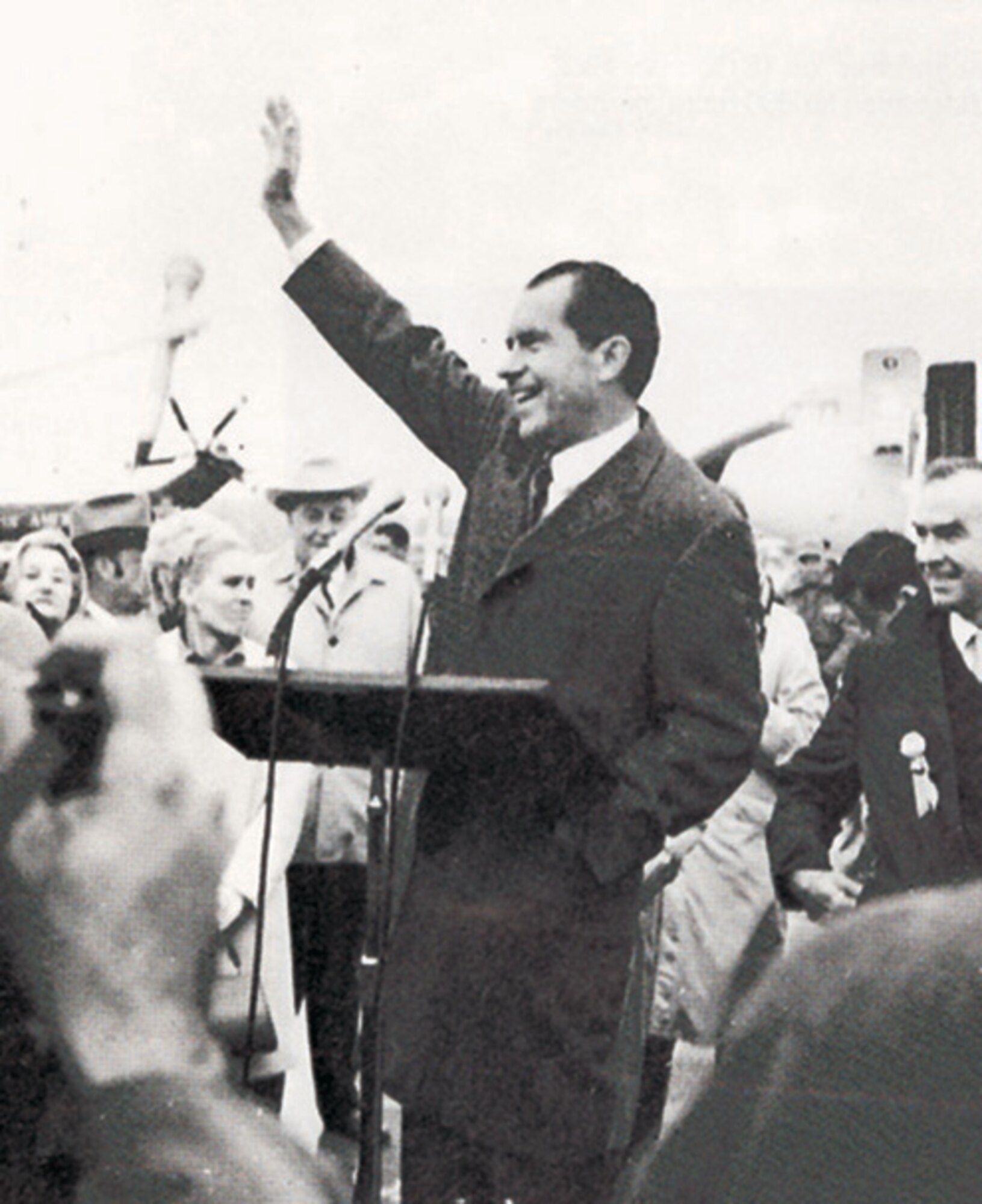 President Richard M. Nixon visits the 188th Tactical Reconnaissance Group (now the 188th Wing) at Ebbing Air National Guard Base, Fort Smith, Ark., Dec. 6, 1969. While at the 188th, the president is presented with a plaque by Col. Edward Schneider, 188th TRG commander. The plaque reads, “It was our pleasure to host your visit to Fort Smith, Ark.” (188th Public Affairs courtesy photo)