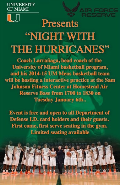 University of Miami and the Air Force Reserve present a "Night With The
Hurricanes" Jan. 6 from 5 - 6:30 P.M. (Courtesy graphic)
