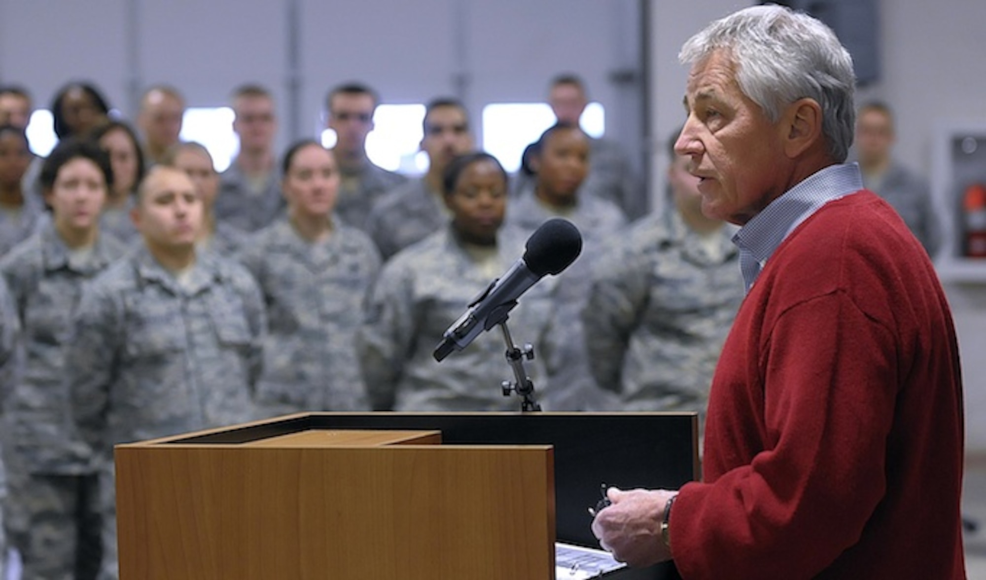 Defense Secretary Chuck Hagel visited Airmen from the 90th Missile Wing to learn about the ICBM mission Jan. 9, 2014, at F.E. Warren Air Force Base, Wyo. While flying back to Washington D.C. from the Munich Security Conference in Germany, the secretary made a series of surprise phone calls to six Malmstrom Air Force Base officers pulling alert duty Feb. 1, 2014. In a series of candid conversations that lasted approximately one hour, Secretary Hagel relayed his confidence in their ability to carry out the nuclear mission. He also took time to listen to their concerns and relayed that he deeply appreciates their critical service to the nation. (U.S. Air Force photo/R.J. Oriez)