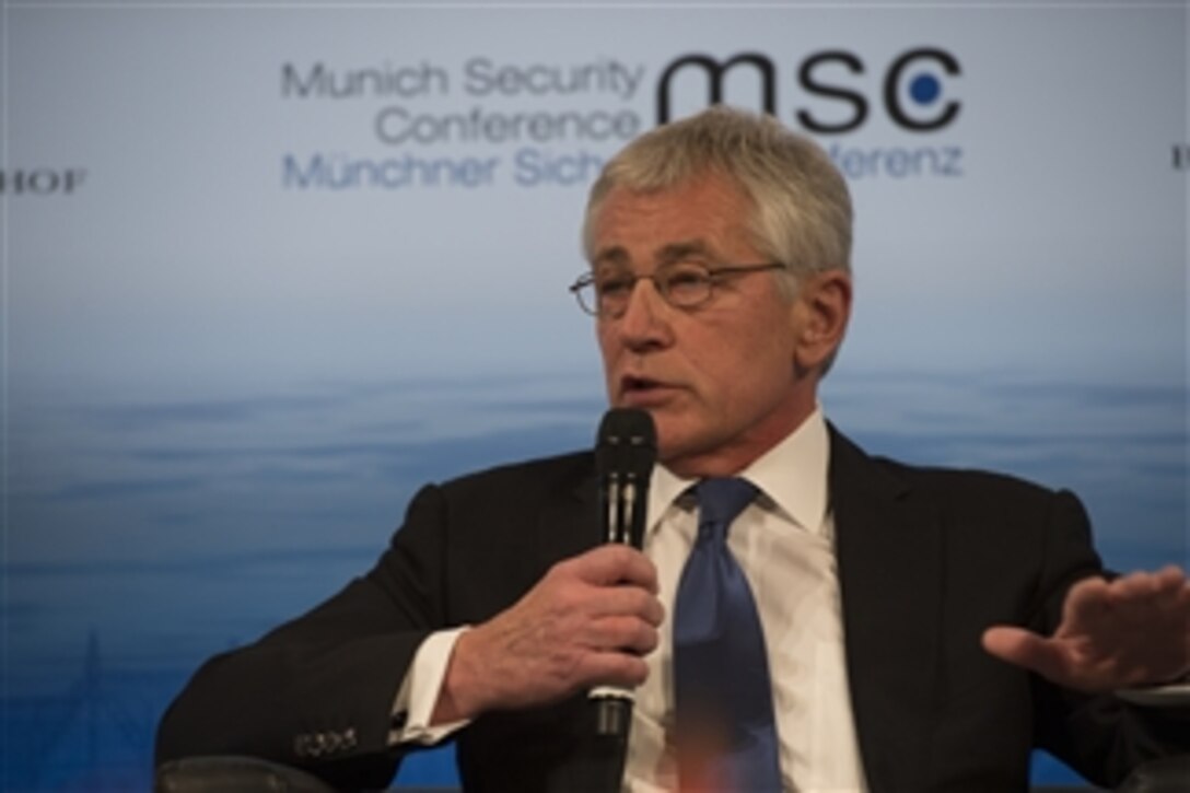 U.S. Defense Secretary Chuck Hagel answers questions during a joint panel with U.S. Secretary of State John F. Kerry at the Munich Security Conference in Germany, Feb. 1, 2014. Before arriving at the conference, Hagel met with Polish leaders and U.S. and Polish airmen in Poland.