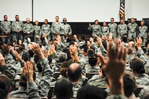 Enlisted Airmen respond to a question from Chief Master Sgt. Cameron Kirksey, the Air Force Reserve Command command chief, during an enlisted call held at Duke Field Feb. 2.  The chief addressed the Airmen on sexual assault issues, core values, senior enlisted leadership, local aircraft restructuring, money, jobs and retraining.  (U.S. Air Force photo/Tech. Sgt. Jasmin Taylor)