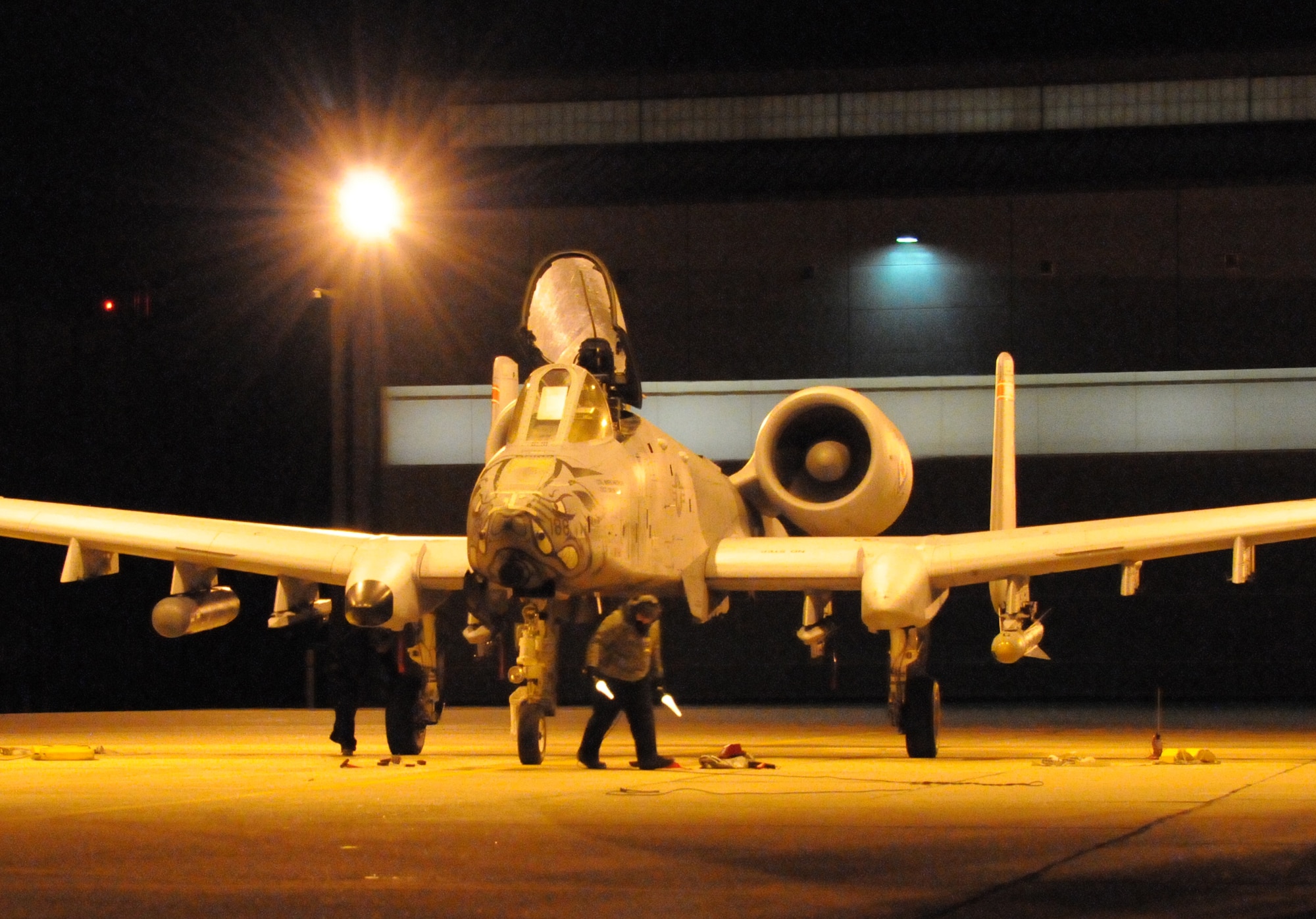 Tail No. 188 taxies on the ramp at the 188th Fighter Wing’s Ebbing Air National Guard Base in Fort Smith, Ark., Jan. 29, 2014. The sortie represented the final night-flying mission for the 188th. Maj. Patric Coggin (188) and Lt. Col. Toby Brallier (216) flew the mission. The two pilots conducted a flight lead upgrade certification near Whiteman Air Force Base, Mo., before returning to the 188th’s Detachment 1 Razorback Range at Fort Chaffee Maneuver Training Center, Ark., to log additional close-air support training.  The wing is currently transitioning from a fighter mission to an Intelligence, Surveillance and Reconnaissance/remotely piloted aircraft (MQ-9 Reaper) mission that will also feature a space-focused targeting squadron. The 188th has divested two A-10C Thunderbolt II “Warthogs” per month since September 2013. The last two Warthogs are slated to leave the 188th in June 2014. The 188th has flown A-10s since April 2007 and has had assigned aircraft on site since 1953. June will mark the first time in the unit’s 60-year history that no assigned military aircraft will be parked on the flightline at Ebbing Air National Guard Base, Fort Smith, Ark. (U.S. Air National Guard photo by Tech Sgt. Josh Lewis)