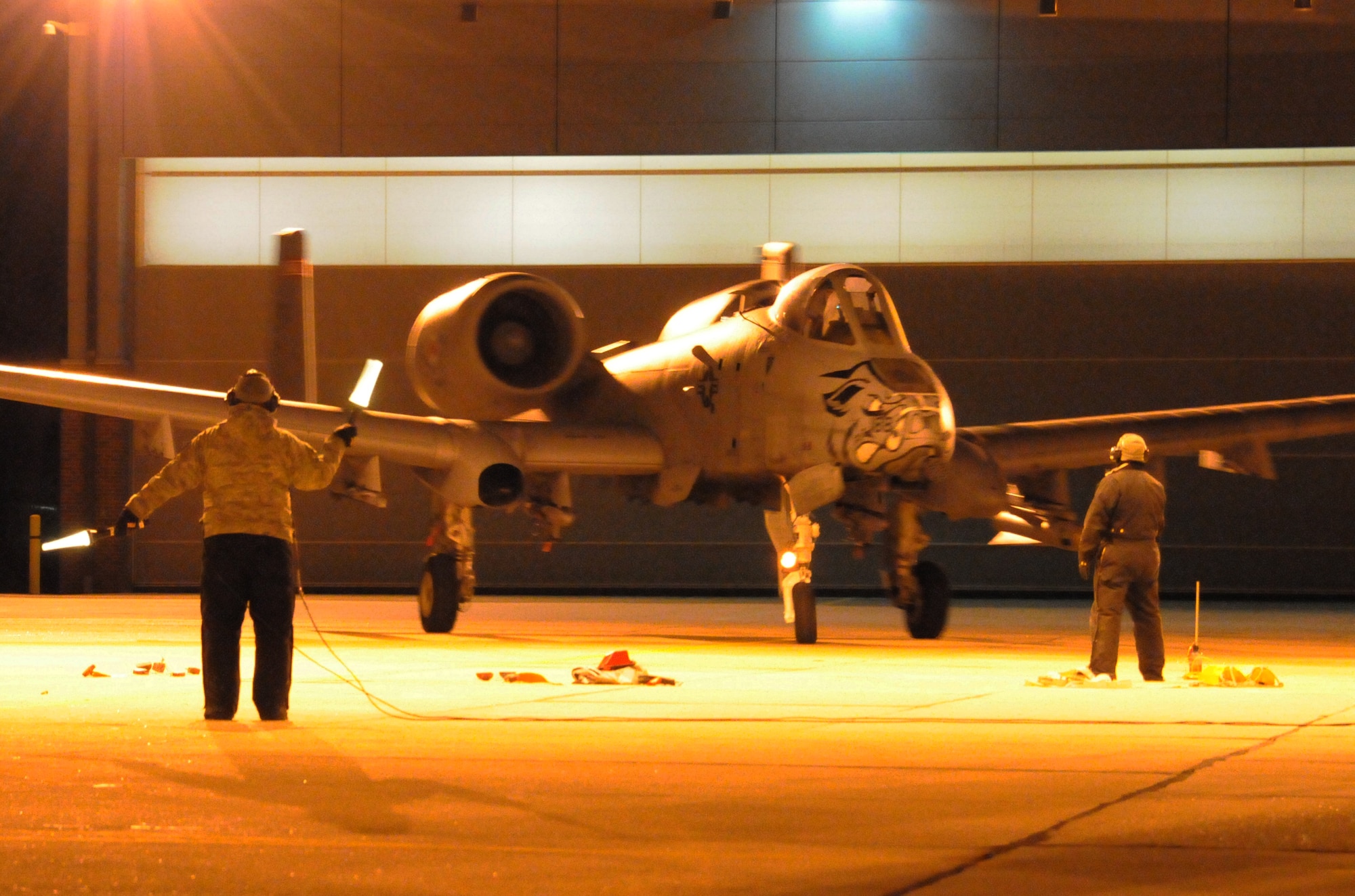 Tail No. 188 taxies on the ramp at the 188th Fighter Wing’s Ebbing Air National Guard Base in Fort Smith, Ark., Jan. 29, 2014. The sortie represented the final night-flying mission for the 188th. Maj. Patric Coggin (188) and Lt. Col. Toby Brallier (216) flew the mission. The two pilots conducted a flight lead upgrade certification near Whiteman Air Force Base, Mo., before returning to the 188th’s Detachment 1 Razorback Range at Fort Chaffee Maneuver Training Center, Ark., to log additional close-air support training.  The wing is currently transitioning from a fighter mission to an Intelligence, Surveillance and Reconnaissance/remotely piloted aircraft (MQ-9 Reaper) mission that will also feature a space-focused targeting squadron. The 188th has divested two A-10C Thunderbolt II “Warthogs” per month since September 2013. The last two Warthogs are slated to leave the 188th in June 2014. The 188th has flown A-10s since April 2007 and has had assigned aircraft on site since 1953. June will mark the first time in the unit’s 60-year history that no assigned military aircraft will be parked on the flightline at Ebbing Air National Guard Base, Fort Smith, Ark. (U.S. Air National Guard photo by Tech Sgt. Josh Lewis)
