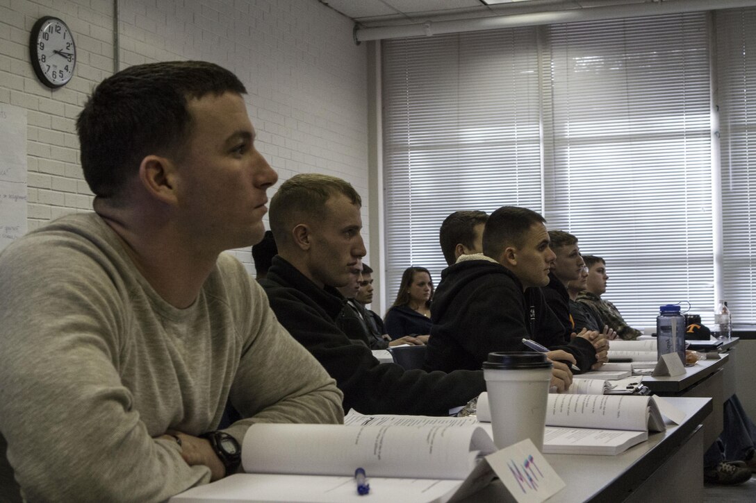 U.S. Marines and Sailors participate in a transition readiness seminar offered at Camp Lejeune for service members coming up on the end of their term of active service, Jan. 15, 2014. The classes offered are intended to prepare the service members for their imminent reentry into civilian life. (U.S. Marine Corps photo by Cpl. Michael S. Lockett/Released)