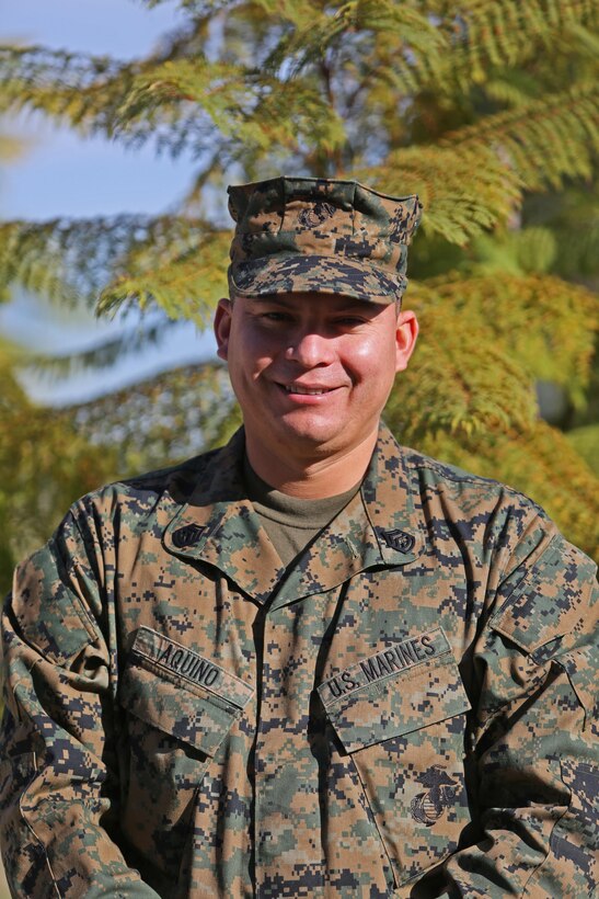 Gunnery Sgt. Pedro Aquino, operations chief with Headquarters Company, Combat Logistics Regiment 17, 1st Marine Logistics Group, and a Hawthorne, Calif., native, poses for a picture aboard Camp Pendleton, Calif., Jan. 23, 2014. Aquino deployed seven times and developed a severe case of Post-Traumatic Stress Disorder as a result of his support in Operation Enduring Freedom and Operation Iraqi Freedom. He spent some time with Wounded Warrior Battalion where he learned skills to cope with his ailment. He has since returned to an operational unit where he intends to continue contributing to the Marine Corps and retire next year after 20 years of service.