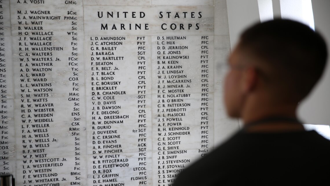 A Marine from 3rd Marine Aircraft Wing reflects on the sacrifices made by the service members who died from the attack on Pearl Harbor at the USS Arizona Memorial and Museum during a Committed and Engaged Leadership seminar Jan. 24. This seminar was the third CEL seminar supporting the 3rd MAW commanding general’s Committed and Engaged Leadership initiative.