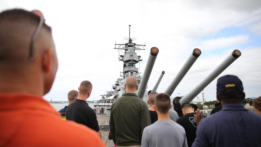 Marines and Sailors from 3rd Marine Aircraft Wing tour the USS Missouri to gain a greater understanding of the nation's history, as well as leadership and esprit de Corps, during a Committed and Engaged Leadership seminar Jan. 25. This seminar was the third CEL seminar supporting the 3rd MAW commanding general’s Committed and Engaged Leadership initiative.