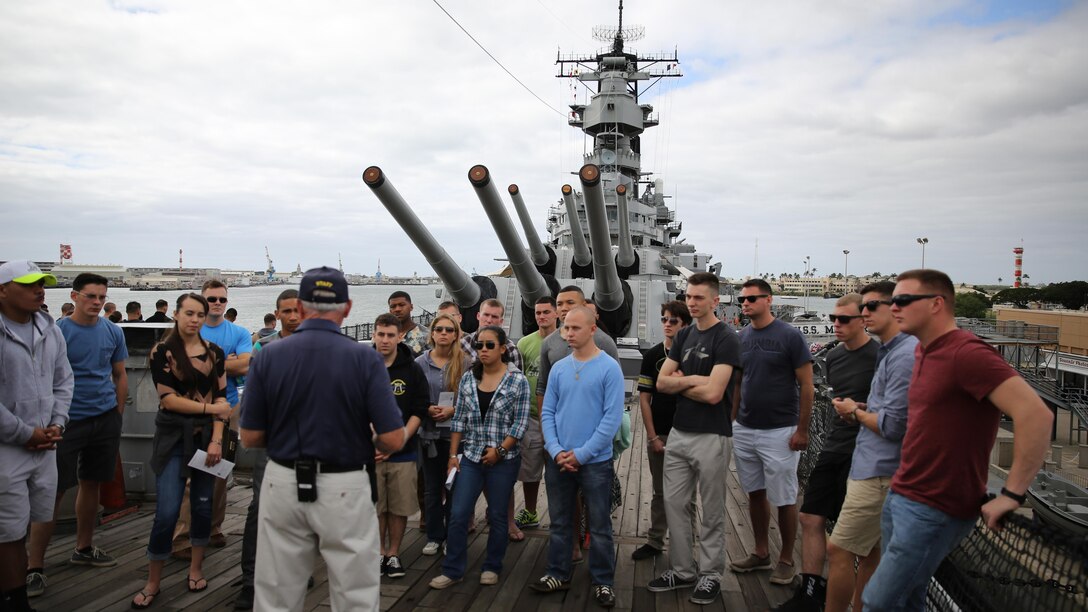 Marines and Sailors from 3rd Marine Aircraft Wing tour the USS Missouri to gain a greater understanding of the nation's history, as well as leadership and esprit de Corps, during a Committed and Engaged Leadership seminar Jan. 25. This seminar was the third CEL seminar supporting the 3rd MAW commanding general’s Committed and Engaged Leadership initiative.