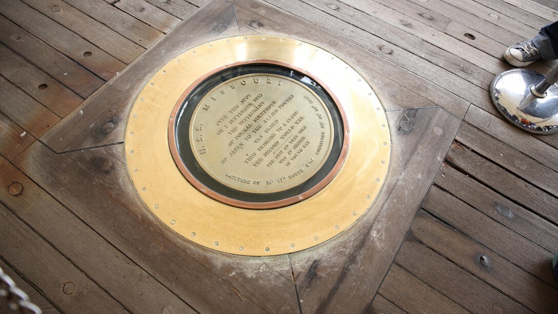 This emblem marks the spot where the Instrument of Formal Surrender of Japan was signed on the USS Missouri on Sep. 2, 1945. This was just one of the many historical sites the 49 Marines and Sailors visited during a Committed and Engaged Leadership seminar Jan 23-26.