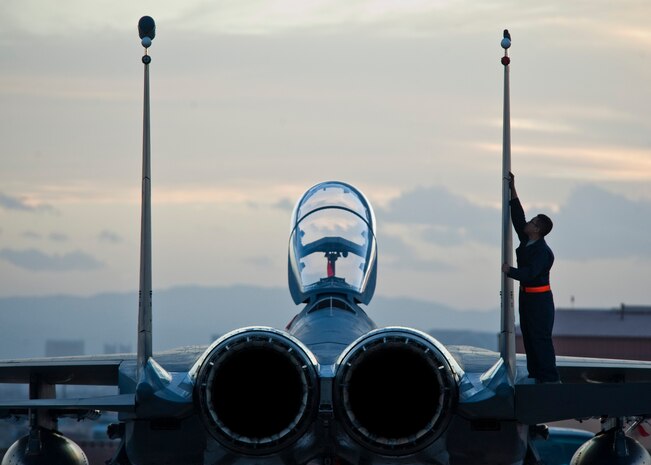U.S. Air Force Airman 1st Class Travis Beckwich, 366th Aircraft Maintenance Squadron crew chief, assigned to Mountain Home Air Force Base, Idaho, conducts pre-flight inspections during Red Flag 14-1 Jan. 31, 2014, at Nellis AFB, Nev. Former Tactical Air Command Gen. Robert Dixon established Red Flag in 1975 to better prepare airmen for combat missions.  (U.S. Air Force photo by Airman 1st Class Jason Couillard)