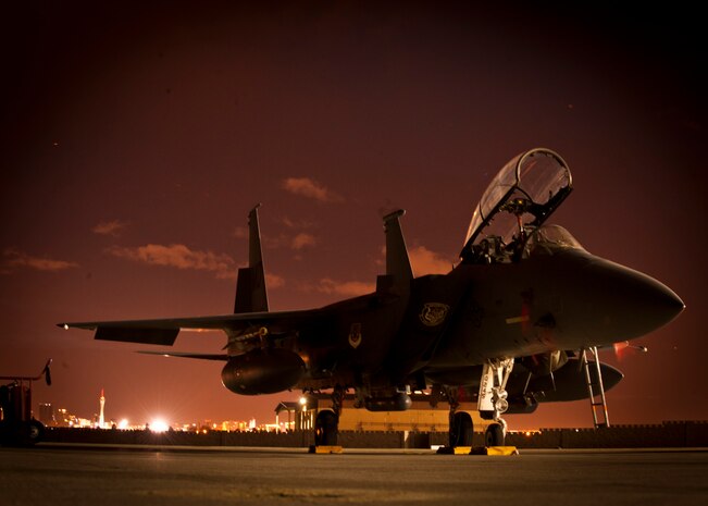 An F-15E Strike Eagle from the 391st Fighter Squadron from Mountain Home Air Force Base, Idaho., sits on the flightline before a night training mission during Red Flag 14-1 at Nellis AFB, Nev., Jan. 30, 2014. The exercise is conducted on the 2.9 million square acre Nevada Test and Training Range north of Las Vegas. (U.S. Air Force photo by Airman 1st Class Joshua Kleinholz)