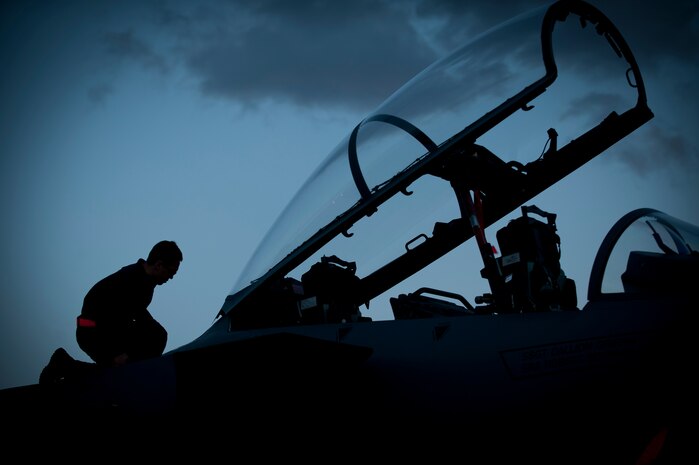 Senior Airman Aljon Alfonso, an F-15E Strike Eagle crew chief, from the 366th Aircraft Maintenance Squadron from Mountain Home Air Force Base, Idaho, performs pre-flight checks before his assigned aircraft heads out for a night training mission during Red Flag 14-1 at Nellis AFB, Nev., Jan. 30, 2014. Night missions have been integrated into Red Flag to prepare pilots and aircrews for missions in low-light environments. (U.S. Air Force photo by Airman 1st Class Joshua Kleinholz)