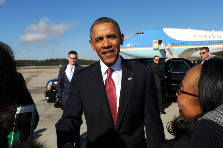 President Barack Obama arrives at Raleigh-Durham International Airport, N.C. to talk to North Carolina State University students about the economy Jan. 15. Six members of Team Seymour had the opportunity to shake Obama’s hand during his visit. (U.S. Air Force photo by Airman 1st Class Aaron J. Jenne)