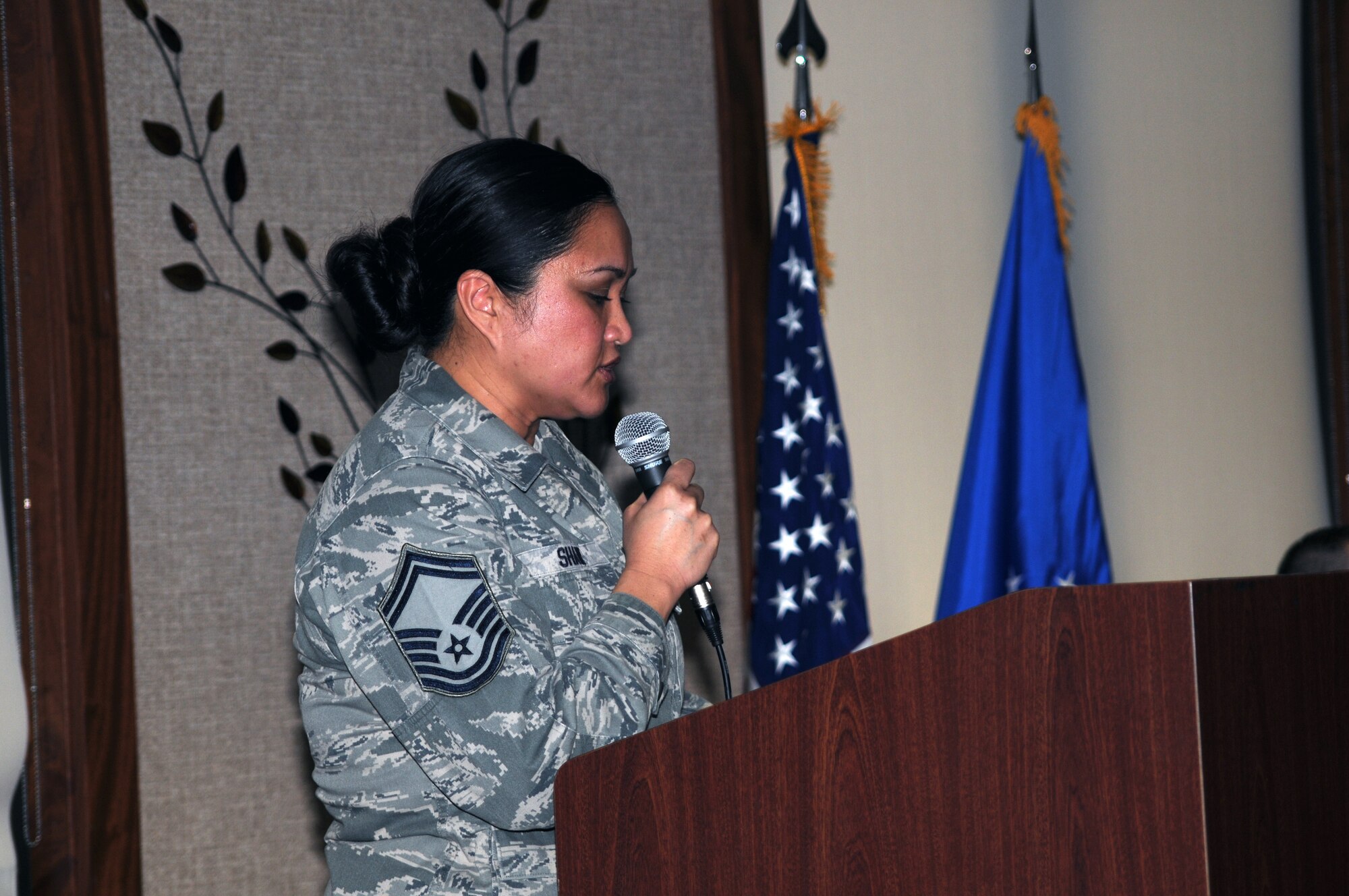 Senior Master Sgt. Joann Shaw, Reserve Recruiting flight chief and president of Top 3 addresses the crowd at a a Senior Non-Commissioned Officer (SNCO) recognition ceremony here, Feb. 1, 2014. The ceremony was held by the newly reestablished Top 3 Council, a 910th group comprised of Airmen in the top three enlisted ranks of Master Sergeant, Senior Master Sergeant, and Chief Master Sergeant. U.S. Air Force photo/Technical Sgt. Rick Lisum