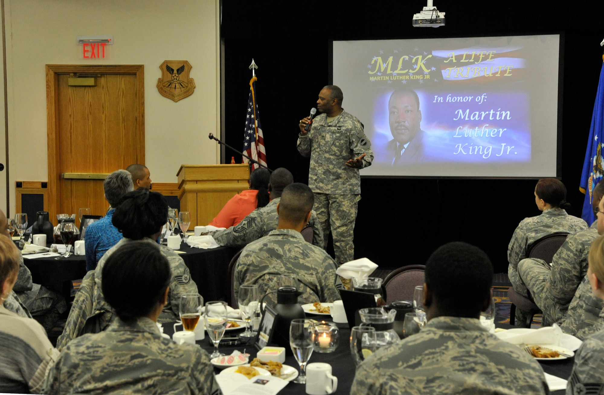 Brig. Gen. Barrye Price, U.S. Army Forces Command deputy chief of staff, speaks during the Martin Luther King Luncheon at Whiteman Air Force Base, Mo., Jan. 29, 2014. During his tour, Price visited the 509th Aircraft Maintenance Squadron/13th Aircraft Maintenance Unit and the 509th MXG, and concluded with giving a speech at the MLK Luncheon. (U.S. Air Force photo by Airman 1st Class Keenan Berry/Released)