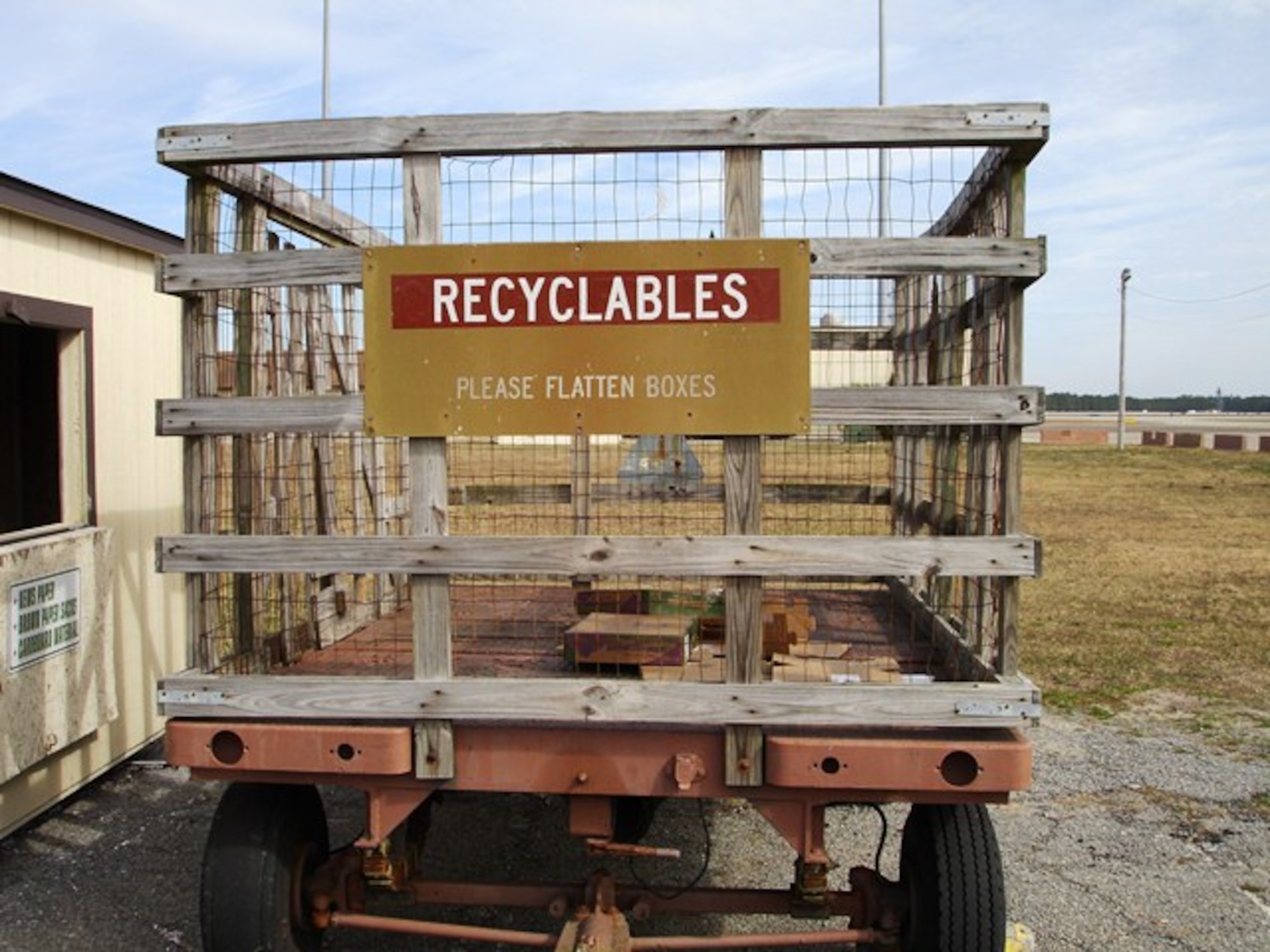 The 325th Civil Engineer Squadron recently removed the previous “Cardboard Only” signs and replaced them with signs just stating “Recyclables.” (U.S. Air Force courtesy photo)
