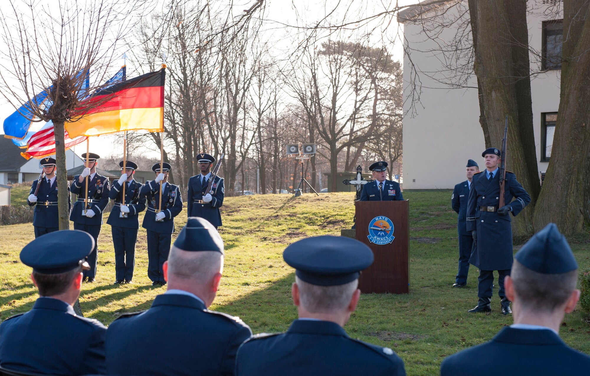 Maj. Gen. Andrew M. Mueller, Commander NATO E-3A Component, Geilenkirchen, Germany, speaks to the members attending the 15 year memorial for the crash of "ESSO 77"  in Geilenkirchen, Germany Jan. 10, 2014. The memorial pays tribute to four 141st Air Refueling Wing Airmen who lost their lives in a KC-135E Stratotanker crash  Jan. 13, 1999.  (U.S. Air Force photo by Mr André Joosten/Released)
