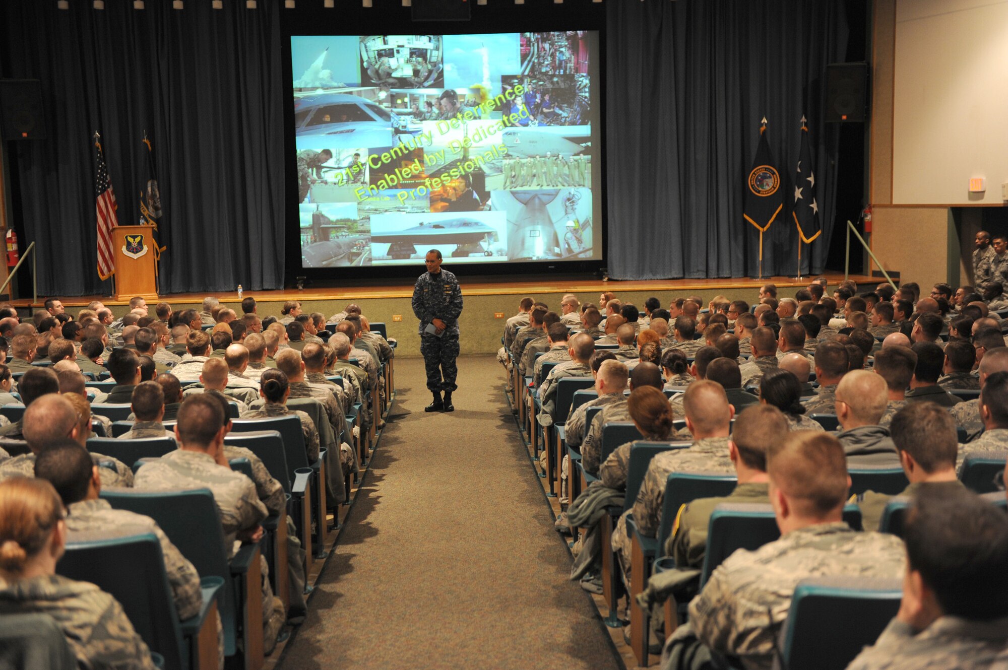 Adm. Cecil D. Haney, U.S. Strategic Command commander, talks to Malmstrom Air Force Base Airmen during a Wing All Call at the base auditorium Jan. 30.  Haney met with security forces members, missileers and chefs at a variety of locations, including a missile alert facility, Weapons Storage Area and the Elkhorn Dining Facility. (U.S. Air Force photo/Christy Mason)