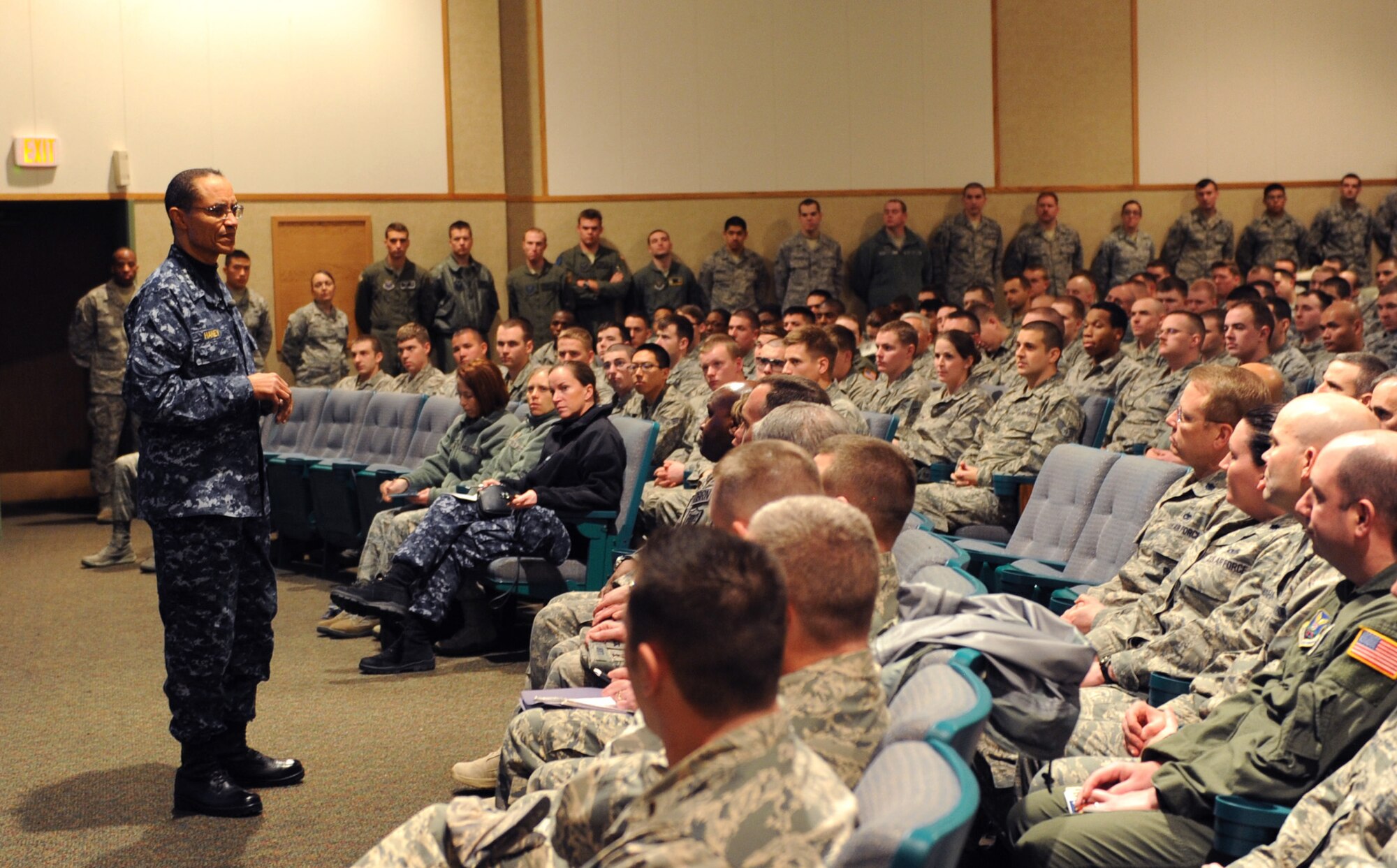 Adm. Cecil D. Haney, U.S. Strategic Command commander, talks to Malmstrom Air Force Base Airmen during a Wing All Call at the base auditorium Jan. 30.  Haney met with security forces members, missileers and chefs at a variety of locations, including a missile alert facility, Weapons Storage Area and the Elkhorn Dining Facility. This visit to Malmstrom is part of his larger initiative to visit all contributors to the nation’s nuclear mission in the first year of command. (U.S. Air Force photo/Christy Mason)