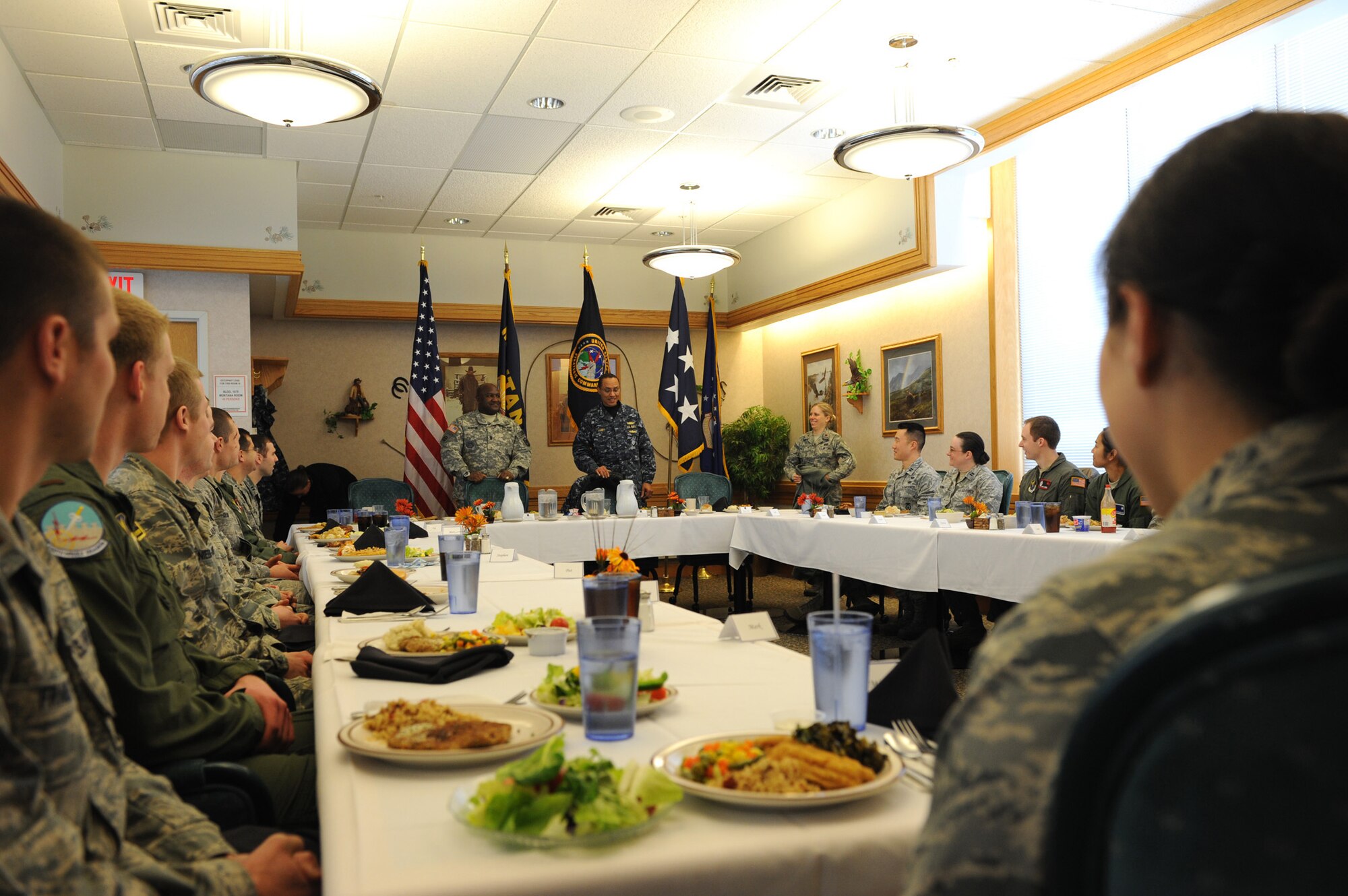 Adm. Cecil D. Haney, U.S. Strategic Command commander, has lunch with Malmstrom Air Force Base officers at the Elkhorn Dining Facility during a tour of the base Jan. 30. Haney’s tour of Malmstrom was the latest of ongoing Air Force Global Strike Command base visits to ensure his trust in the Airmen who carry out the mission. (U.S. Air Force photo/Christy Mason)