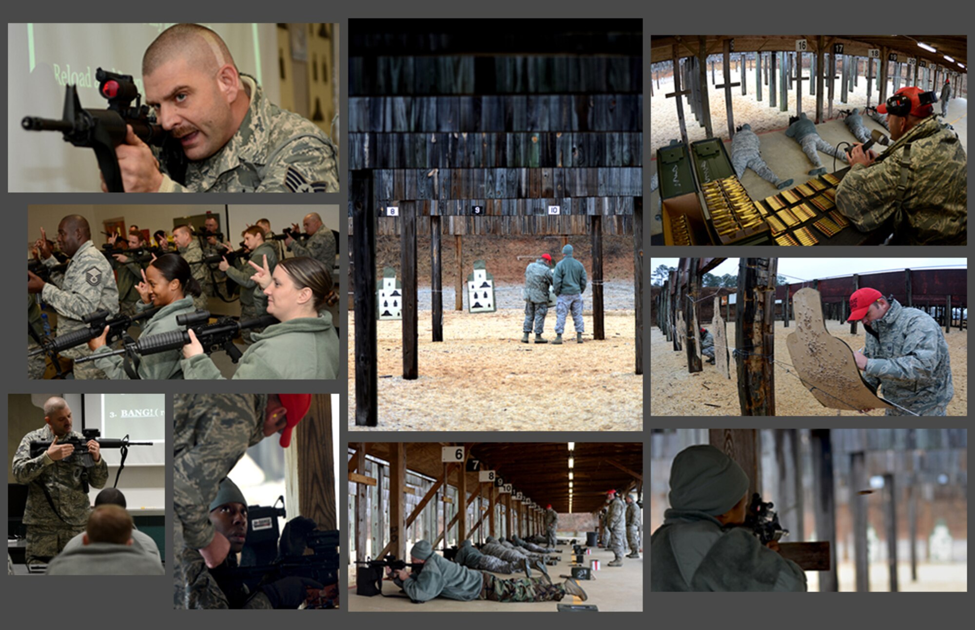 Picture Story, 2nd Place

U.S. Airmen with the 169th Fighter Wing at McEntire Joint National Guard Base, South Carolina Air National Guard, learn M4 carbine rifle fundamentals and techniques, Dec. 8, 2013. Members of the 169th Fighter Wing are preparing for an upcoming Aerospace Expeditionary Force deployment to Southwest Asia.  (U.S. Air National Guard photographic layout by Tech. Sgt. Caycee Watson/Released)