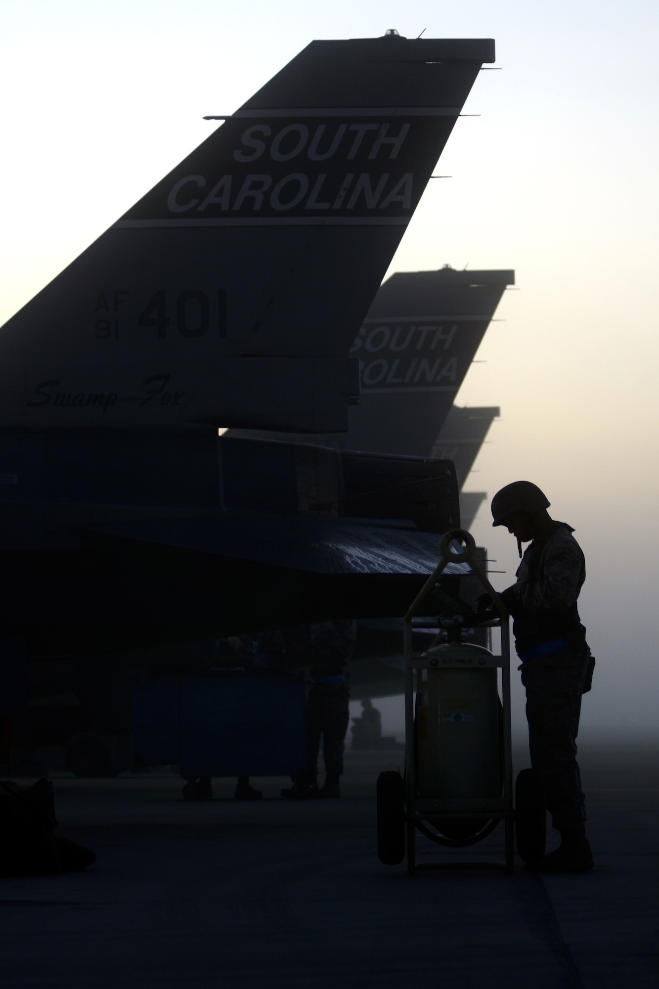 Feature Photograph, 1st Place

U.S. Airmen with the 169th Maintenance Group at McEntire Joint National Guard Base, South Carolina Air National Guard, work to prepare F-16 Fighting Falcon fighter jets for launch during a Phase I Operational Readiness Exercise, Jan. 12, 2013. Members of the 169th Fighter Wing are training for an upcoming Operational Readiness Inspection, which evaluates a unit’s ability to process personnel and equipment from home station to a deployed location safely and efficiently, then operate and launch missions in a chemical combat environment. (U.S. Air National Guard photo by Tech. Sgt. Caycee Watson/Released)