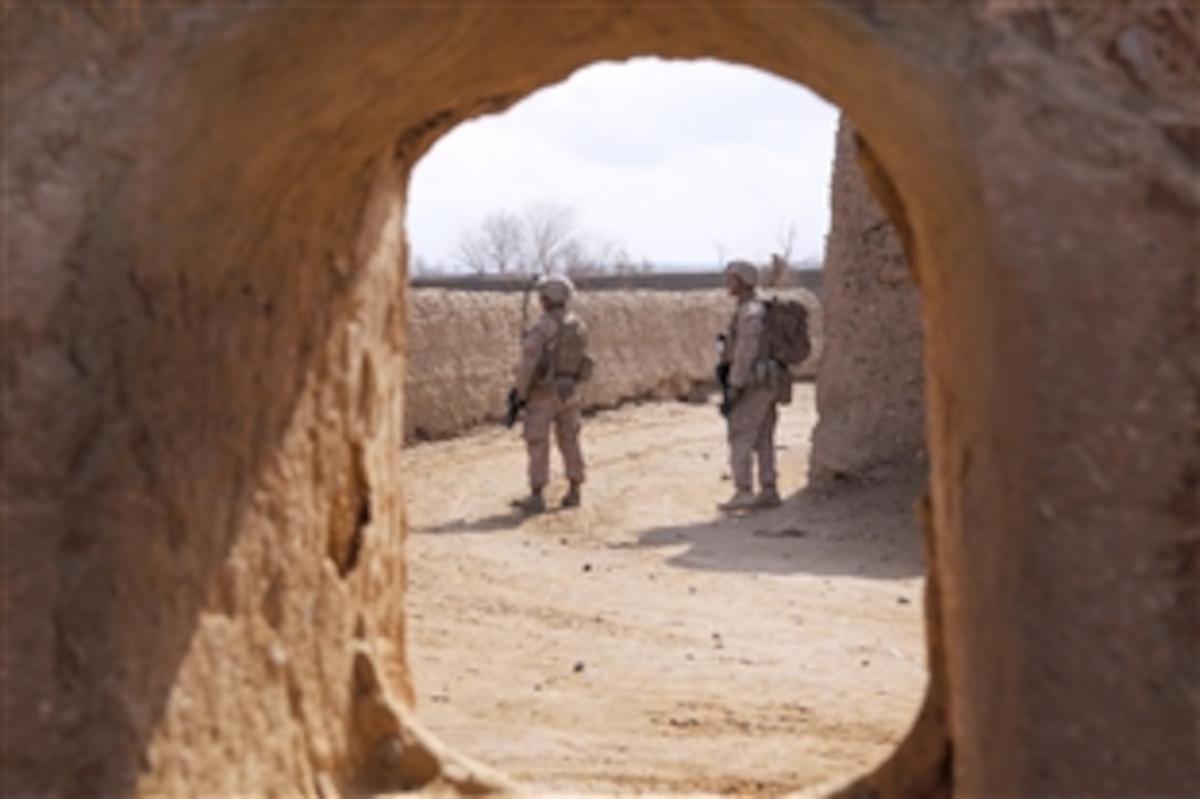 U.S. Marines conduct a joint patrol with Afghan local police outside Camp Dwyer in Helmand province, Afghanistan, Jan. 21, 2014.