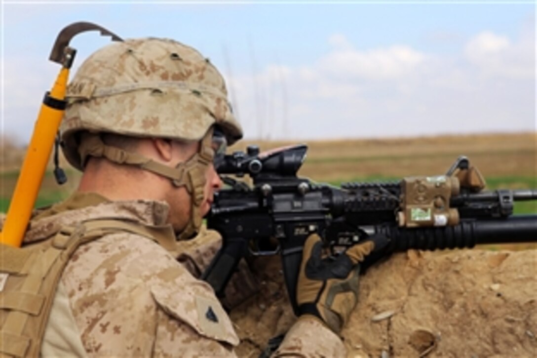 A U.S. Marine provides security and scans the area during a joint patrol with Afghan local police outside Camp Dwyer in Helmand province, Afghanistan, Jan. 21, 2014.