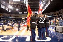 The U.S. Marine Corps Forces Command color guard presents colors Jan. 22, 2014 during Old Dominion University’s (ODU) “Military Appreciation Night” basketball game between the ODU Lady Monarchs and the University of Alabama at Birmingham (UAB) Blazers. Visit http://www.flickr.com/photos/marforcom/sets/72157640080508245/ for additional photos.