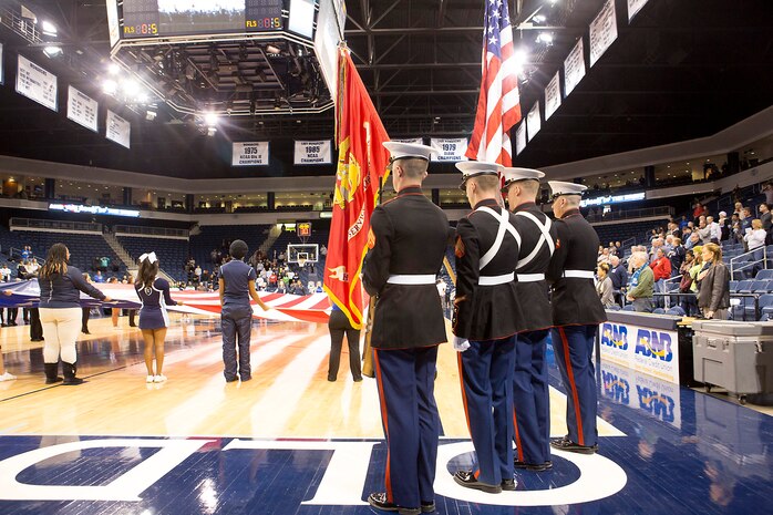 The U.S. Marine Corps Forces Command color guard presents colors Jan. 22, 2014 during Old Dominion University’s (ODU) “Military Appreciation Night” basketball game between the ODU Lady Monarchs and the University of Alabama at Birmingham (UAB) Blazers. Visit http://www.flickr.com/photos/marforcom/sets/72157640080508245/ for additional photos.