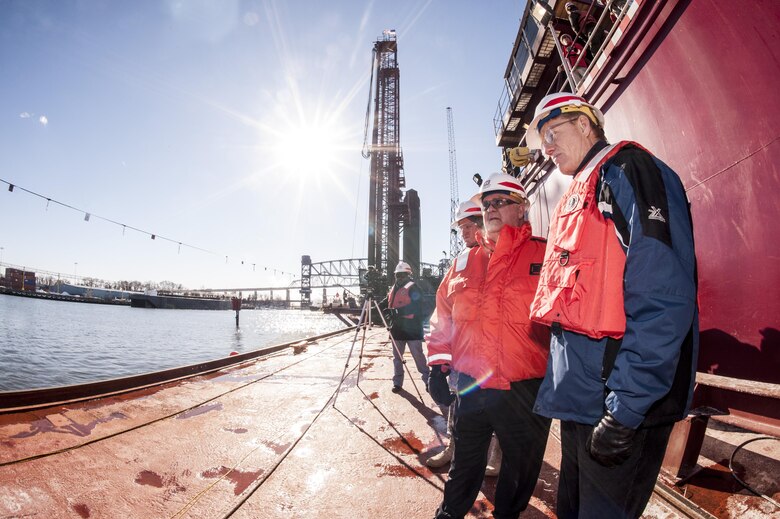 Under Secretary of the Army Joseph W. Westphal (center) and Mr. Joseph Seebode (front), Deputy District Engineer (Programs & Project Management), New York District, U.S. Army Corps of Engineers, observe the progress of the New York and New Jersey Harbor Deepening Project in January 2014. Westphal met with leaders from the U.S. Army Corps of Engineers, North Atlantic Division and New York District to receive various updates regarding the Corps’ efforts post Hurricane Sandy and observe the Corps’ oversight of vital civil works projects. Once complete, the deepened channel will provide a safe and economically efficient pathway for the newest generation of container ships that will be calling at the Port of New York and New Jersey following the completion of the Panama Canal expansion in 2015. 

Photo Credit: U.S. Army Staff Sergeant Bernardo Fuller 
