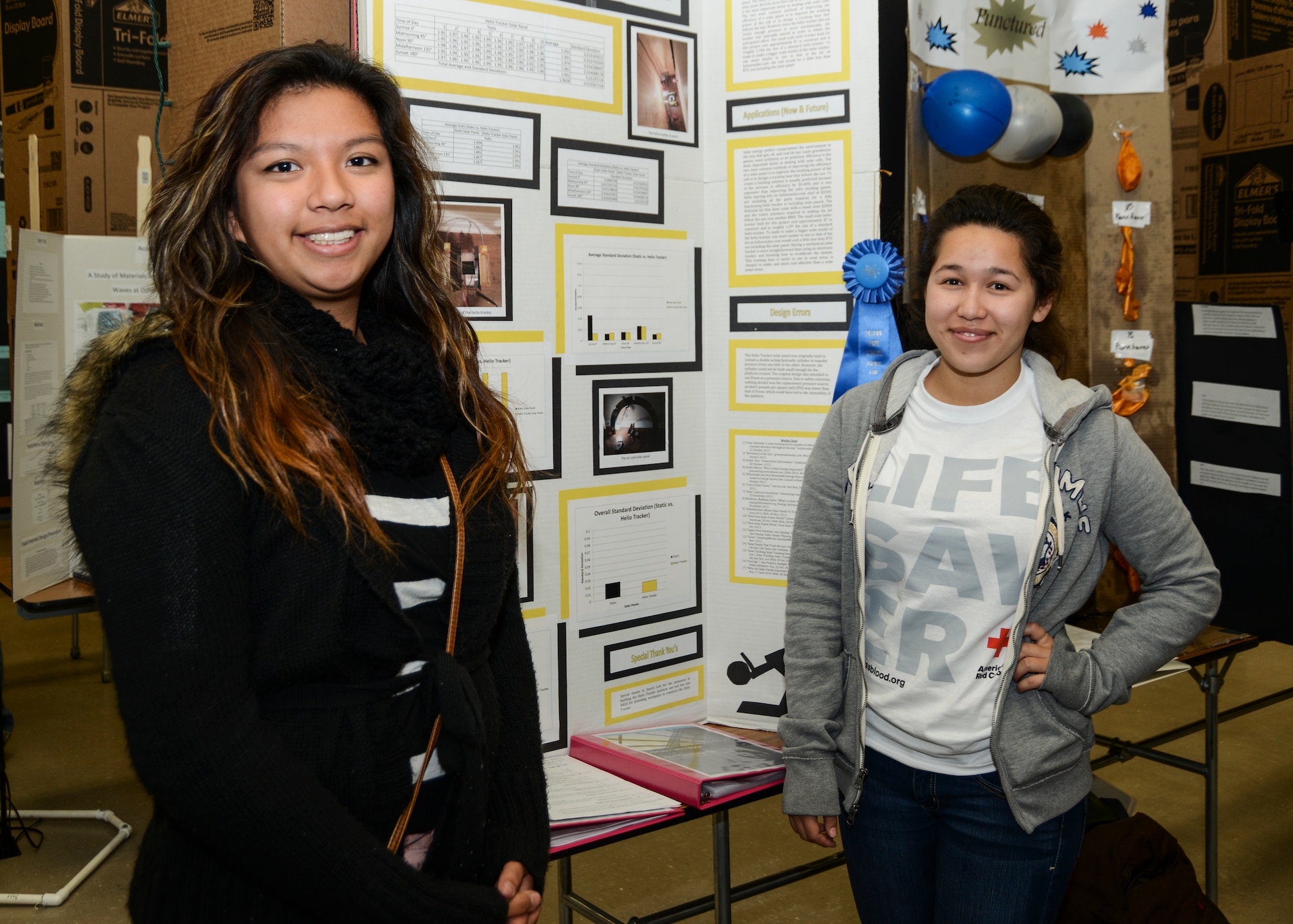 Sabrina Belen (left) and Katherine Lott (right) tested the effectiveness of a home-made helio tracker. Their project is titled, “Here Comes the Sun.” (U.S. Air Force photo by Rebecca Amber)