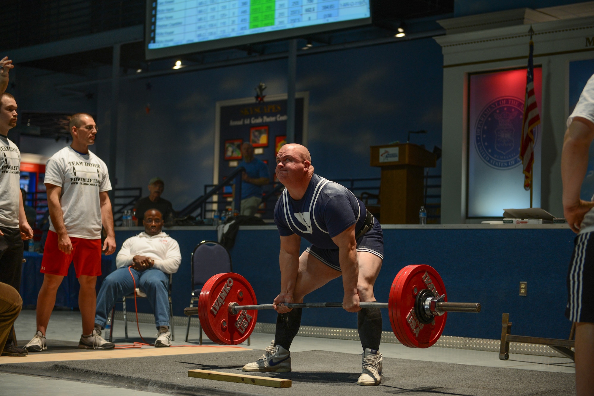 U.S. Air Force Tech. Sgt. Michael Lloyd of the 165th Airlift Wing, Georgia Air National Guard performs a deadlift, Jan. 25, 2014, at the Museum of Aviation in Warner Robins, Ga. Lloyd broke four U.S.A. Powerlifting Georgia state records at the 2014 Winter Classic and Single Ply Invitational. He set a record for squat, bench press, three event total (squat, bench press, deadlift), and bench press only for the Masters Division in his weight class at his first powerlifting competition. (U.S. Air National Guard photo by Master Sgt. Charles Delano/Released)
