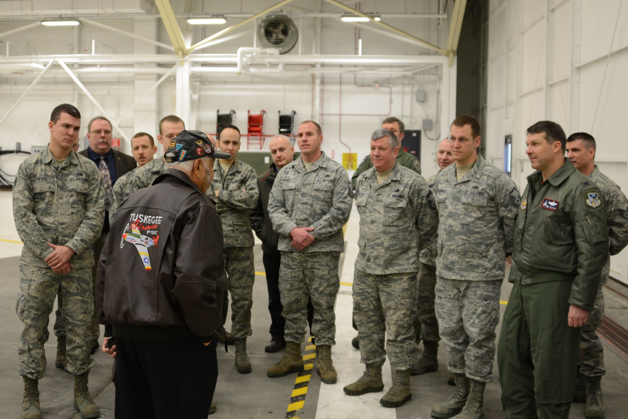 An original Tuskegee Airman, retired Lt. Col. Leo R. Gray, a P-51 pilot assigned to the 100th Pursuit Squadron during World War II had the chance to visit with the Airmen of the 477th Fighter Group that are continuing the Tuskegee legacy of excellence here Jan. 31 (U.S. Air Force/Tech. Sgt. Dana Rosso)