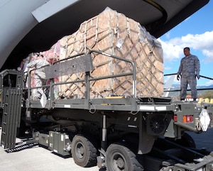 Members of Joint Task Force-Bravo's 612th Air Base Squadron offload pallets of donated medical supplies and equipment from a C-17 Globemaster III aircraft on the flightline at Soto Cano Air Base, Honduras, Feb. 3, 2014.  The medical supplies and equipment The supplies were sent to Honduras through the Denton Program, which allows private U.S. citizens and organizations to use space available on U.S. military cargo planes to transport humanitarian goods to approved countries in need.  The supplies and equipment will be distributed by a non-governmental organization to three hospitals in Honduras.  (U.S. Air Force photo by Tech. Sgt. Stacy Rogers)
