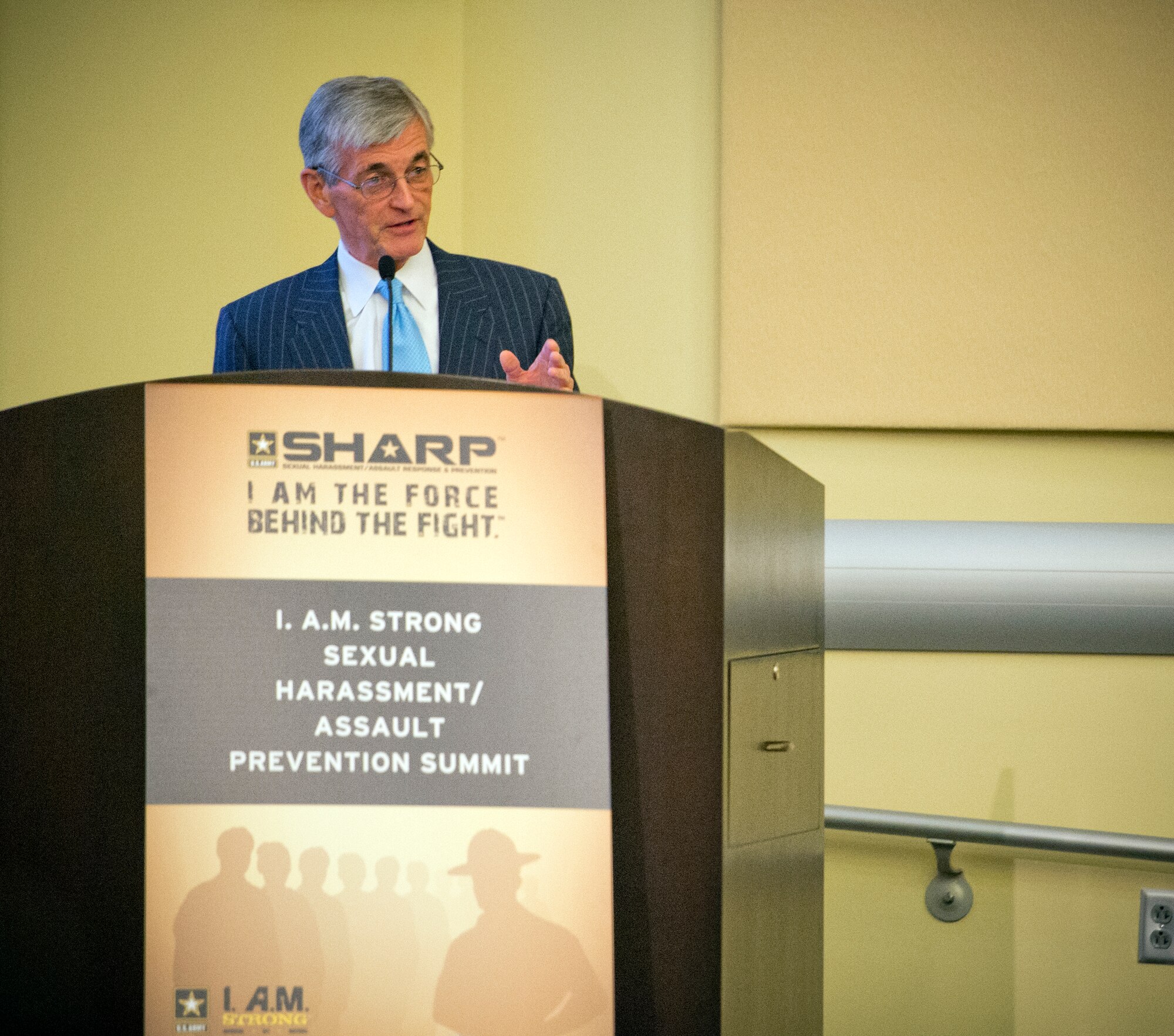 Secretary of the Army John M. McHugh spoke about preventing sexual assault at an Army Sexual Harassment/Assault Response and Prevention conference at Joint Base Andrews, Md on Jan. 28, 2014.  McHugh outlined his concerns to the officers and senior enlisted personnel in attendance aimed to promote the Army's effort to curb sexual assault in the ranks.  (U.S. Army photo by Spc. John G. Martinez/Released)
