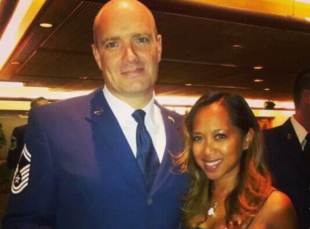 Senior Master Sgt. Mark Gosling, 36th Aerial Port Squadron air transportation operations center superintendent is pictured here with his wife Cindi at a recent ceremony at McChord Field, Wash.  Cindi, a special education teacher in the Renton School District, is also the key spouse for the 36th APS and is helping the families prepare for the unit’s upcoming deployment.  (Courtesy photo)