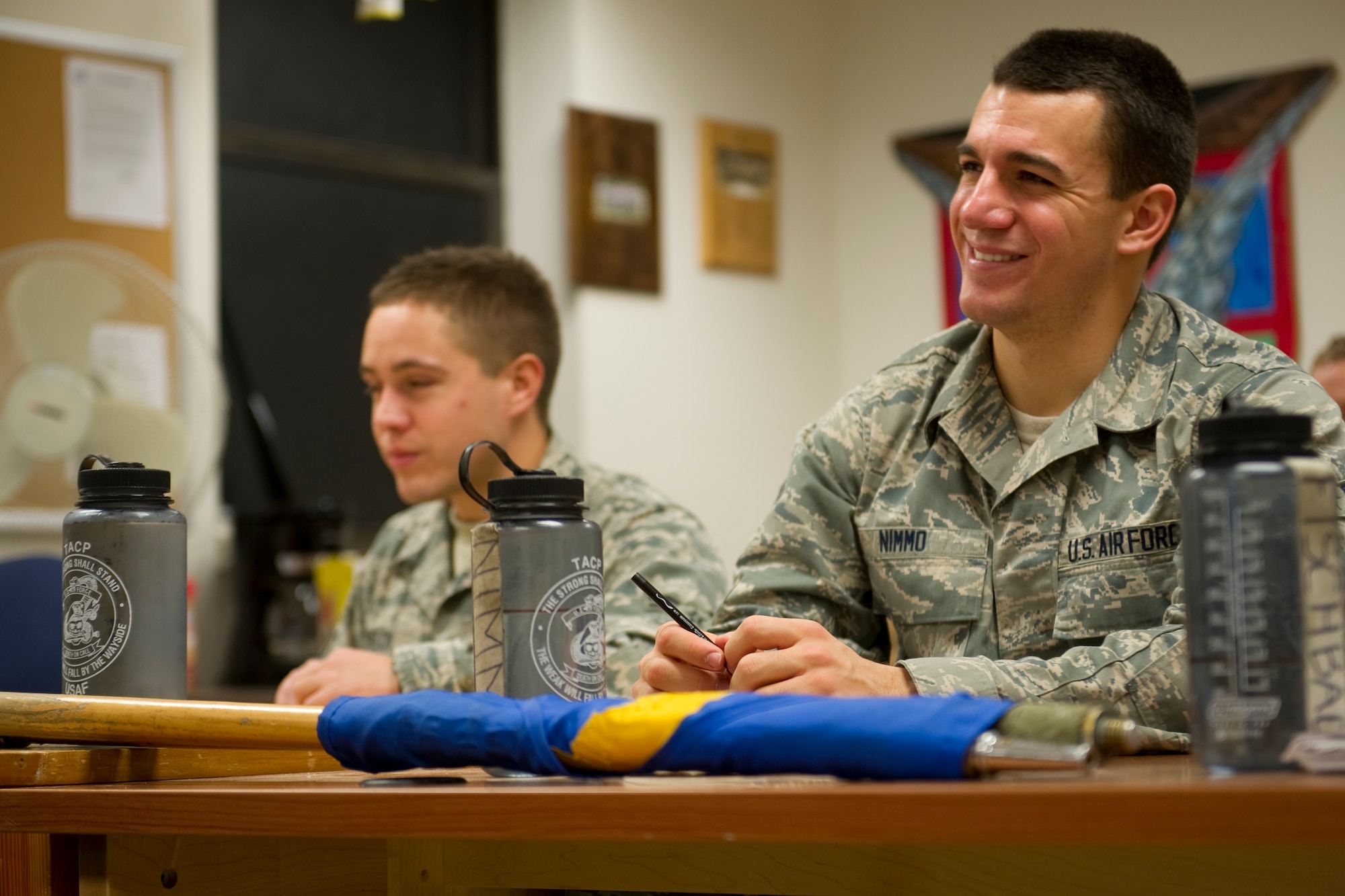 Tactical Air Control Party candidates sit in a medical evacuation class at Hurlburt Field, Fla., Feb. 4, 2014. The course provides information about the different conditions and codes the students will use in a real-world scenario while calling in aircraft. (U.S. Air Force photo/Senior Airman Naomi Griego)