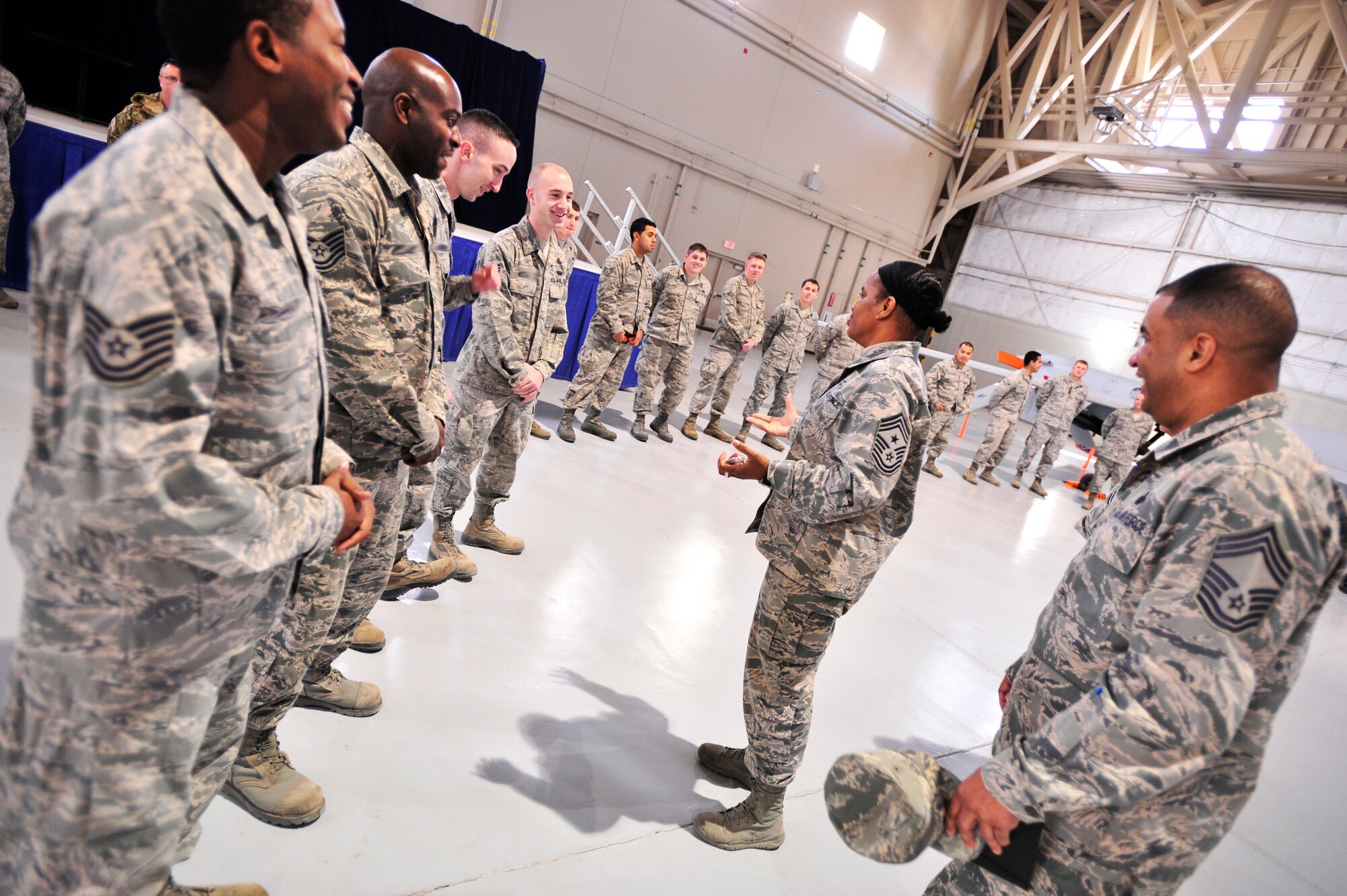 Chief Master Sgt. Shelina Frey, U.S. Air Forces Central Command command chief, discussed issues including leadership, training and the current strength of the enlisted force during a two-day visit Jan. 9-10. (U.S. Air Force photo by Staff Sgt. N.B.)