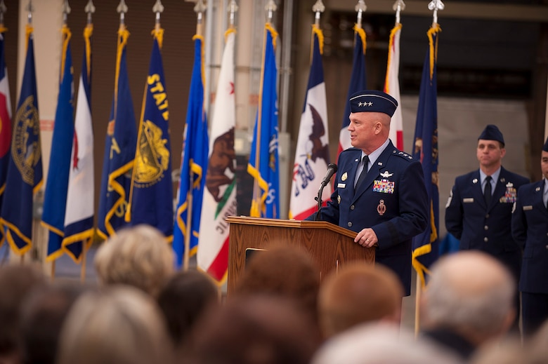 VANDENBERG AIR FORCE BASE, Calif. - Lt. Gen. John W. “Jay” Raymond, Joint Functional Component Command for Space and 14th Air Force commander, delivers a speech following acceptance of command here Jan. 31, 2014. (U.S. Air Force photo/Airman 1st Class Yvonne Morales) 