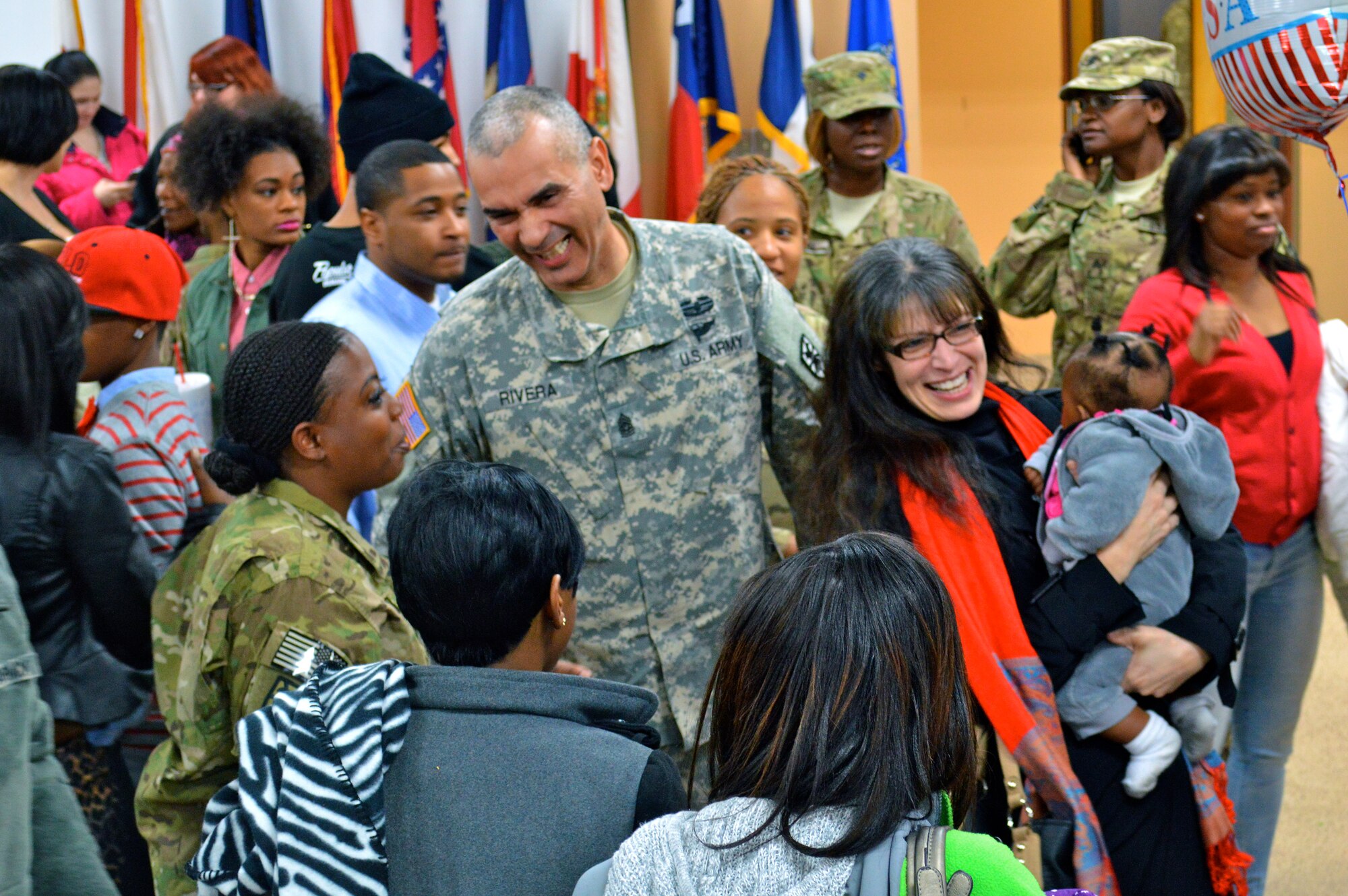 U.S. Army Soldiers from 4th Platoon, 510th Human Resources Company, Special Troops Battalion, 7th Transportation Brigade (Expeditionary), return home to Fort Eustis, Va., Jan. 31, 2014, after a nine-month tour of duty in Afghanistan. The ‘Regulators’ were responsible for casualty liaison operations, including reporting, assistance and notification. Additional duties included ensuring the safety of distinguished visitors in their area of responsibility.  (U.S. Army photo by Sgt. Stefanie Warner/Released)