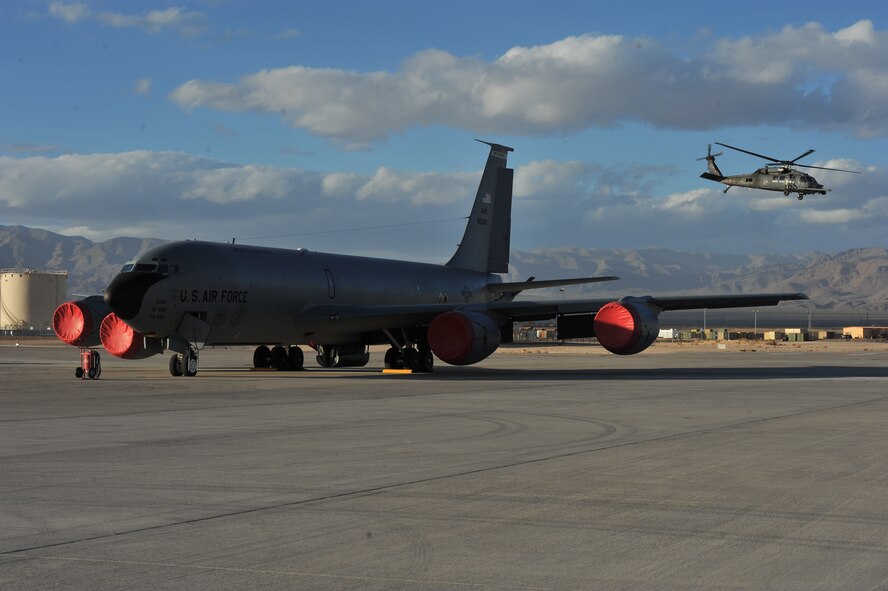 A KC-135 Stratotanker from Fairchild Air Force Base, Wash., sits on the flightline at Nellis AFB, Nev., during Red Flag 14-1 Jan. 30, 2014. Red Flag was established in 1975 to better prepare Airmen for combat missions. More than 70 Airmen from McConnell AFB, Kan., and Fairchild AFB, Wash., participated in the exercise. (U.S. Air Force photo by Staff Sgt. Veronica Montes) 