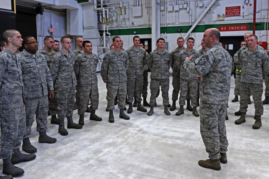 Chief Master Sgt. Jeffrey Craver, 4th Fighter Wing command chief, speaks to members of the 4th Aircraft Maintenance Squadron before a load crew of the quarter competition at Seymour Johnson Air Force Base, N.C., Jan. 24, 2013. Craver applauded the Airmen for their hard work and dedication. (U.S. Air Force photo by Airman 1st Class Aaron J. Jenne)