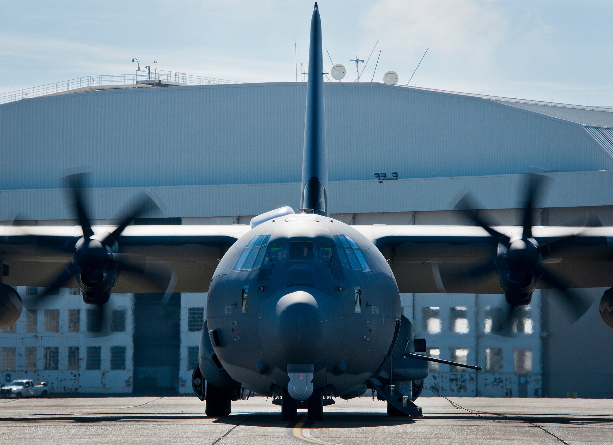The newly created AC-130J Ghostrider awaits takeoff for its first official sortie Jan. 31 at Eglin Air Force Base, Fla. The Air Force Special Operations Command MC-130J arrived at Eglin in January 2013 to begin the modification process for the AC-130J, whose primary mission is close air support, air interdiction and armed reconnaissance. A total of 32 MC-130J prototypes will be modified as part of a $2.4 billion AC-130J program to grow the future fleet. (U.S. Air Force photo/Sara Vidoni)