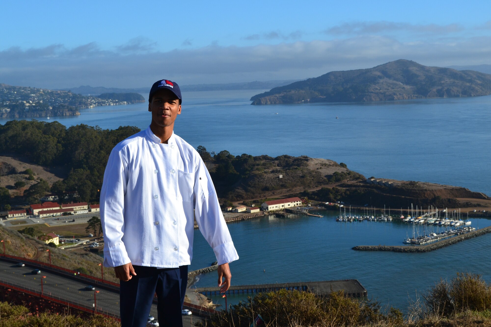 Senior Airman Keith Smith poses for a photo with the picturesque local scenery as a backdrop. Smith, a Reservist with the 908th Force Support Squadron, recently attended the Armed Forces Forum for Culinary Excellence at the Culinary Institute of America at Greystone in St. Helena, Calif. 
(Courtesy photo/Senior Airman Keith Smith)