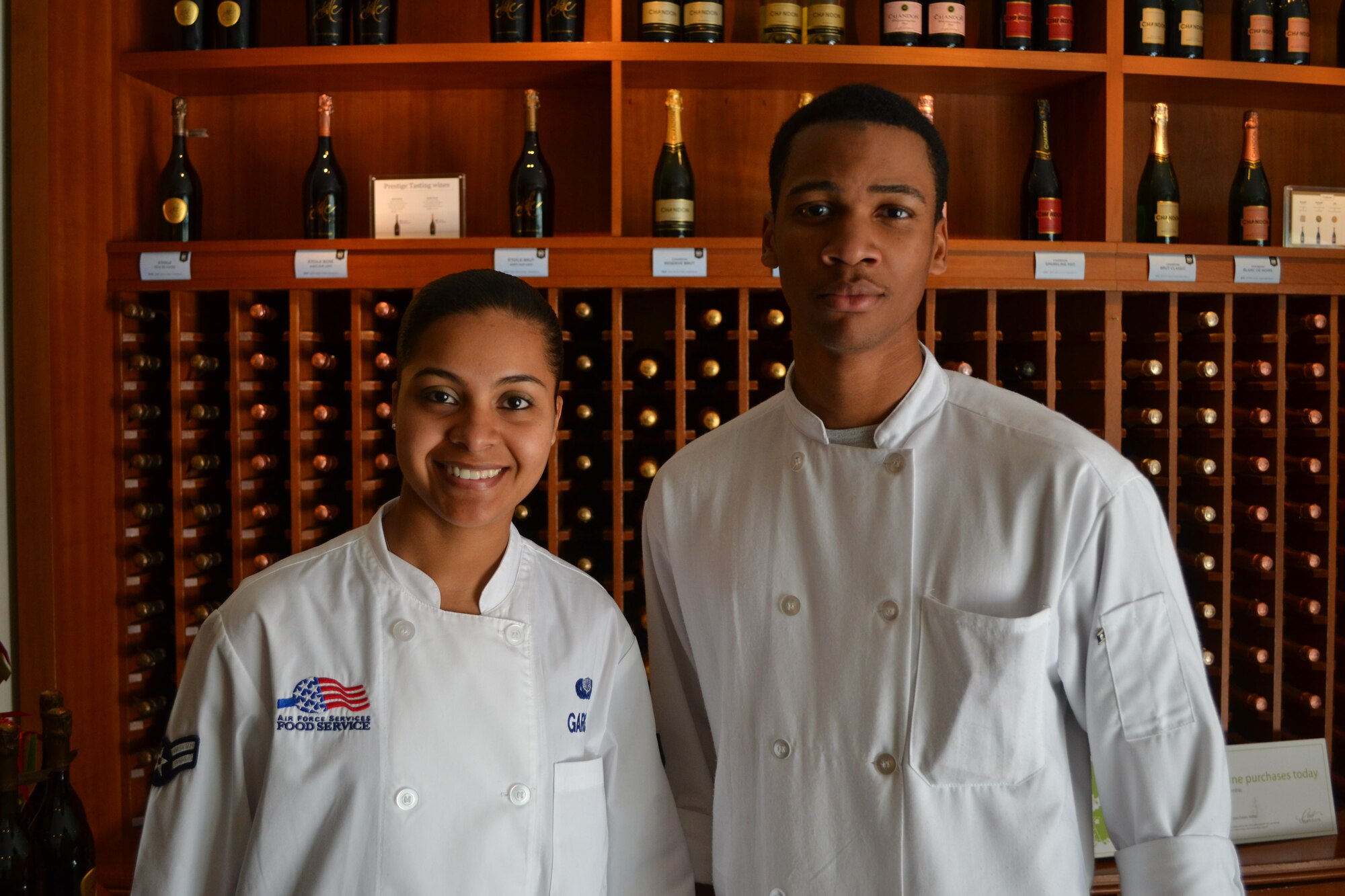Senior Airman Keith Smith, right, and Airman First Class Luz Garcia of the 105th FSS at Stewart ANGB pause during a tour of the Demaine Chandon Winery, located in Napa Valley, Calif. Smith, a Reservist with the 908th Force Support Squadron, recently attended the Armed Forces Forum for Culinary Excellence at the Culinary Institute of America at Greystone in St. Helena, Calif. 
(Courtesy photo/Senior Airman Keith Smith)