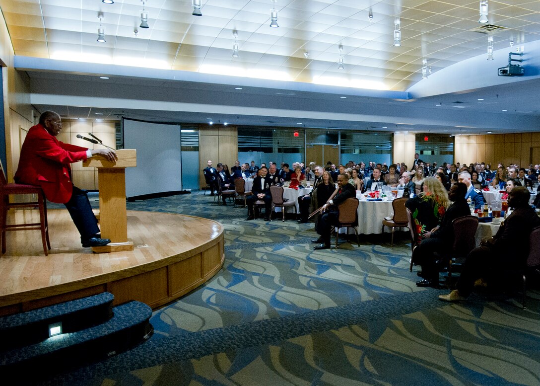 Retired Chief Master Sgt. Walter Richardson, a Tuskegee Airmen, speaks to the crowd Jan. 31 at the Horizons Community Center during the 2013 Annual Awards Ceremony. (U.S. Air Force photo by Senior Airman Christopher Reel)