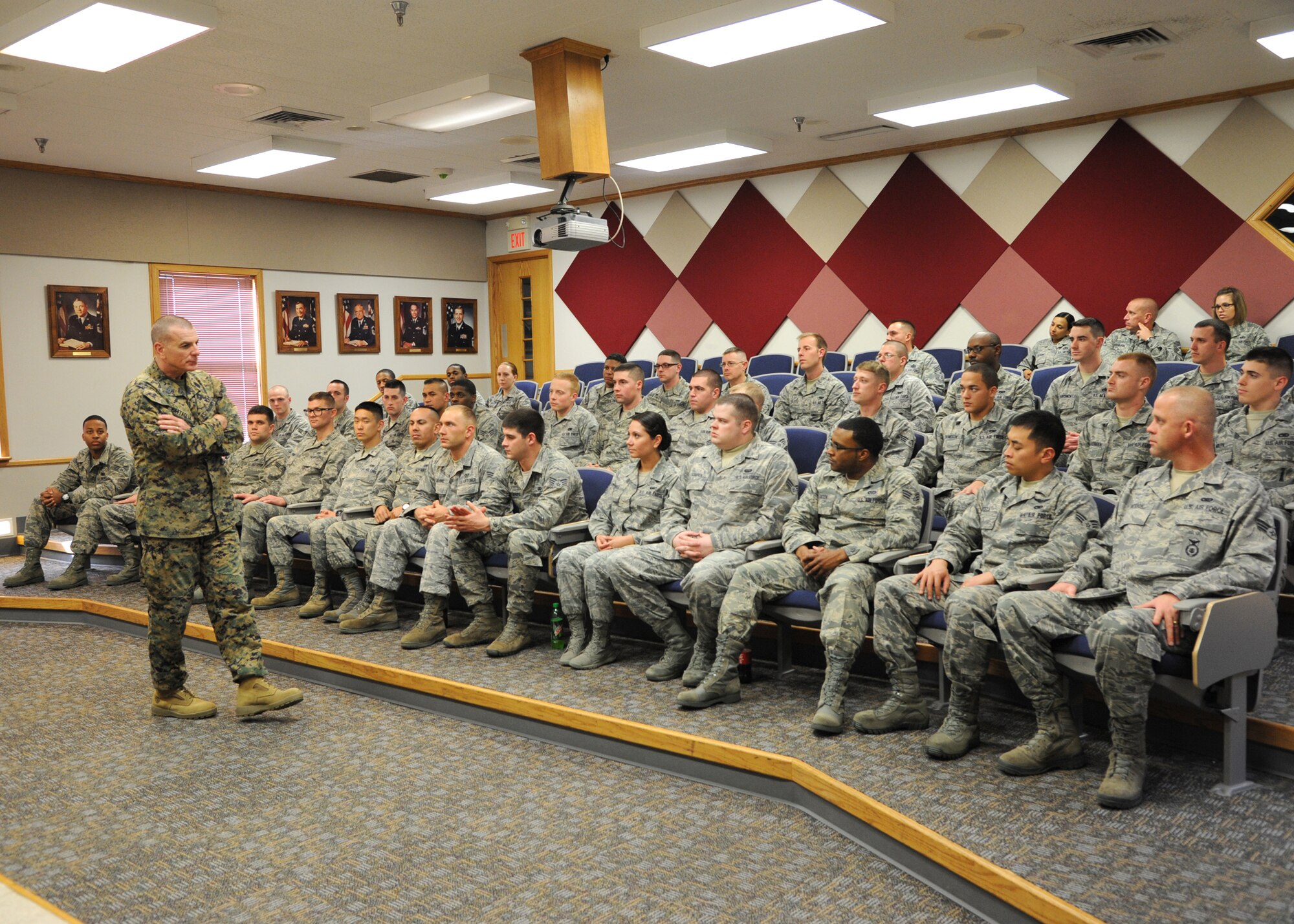 U.S. Marine Corps Sgt. Maj. Bryan Battaglia, the senior enlisted advisor to the chairman of the Joint Chiefs of Staff, speaks with Airmen attending Airman Leadership School on Barksdale Air Force Base, La., Jan. 31, 2014. Battaglia spoke with the Airmen about the future role as noncommissioned officers. (U.S. Air Force photo/Senior Airman Joseph A. Pagán Jr.)